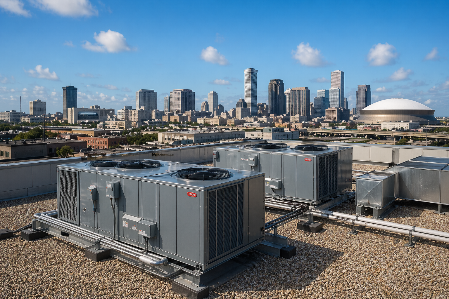 Rooftop HVAC units on commercial building with New Orleans skyline