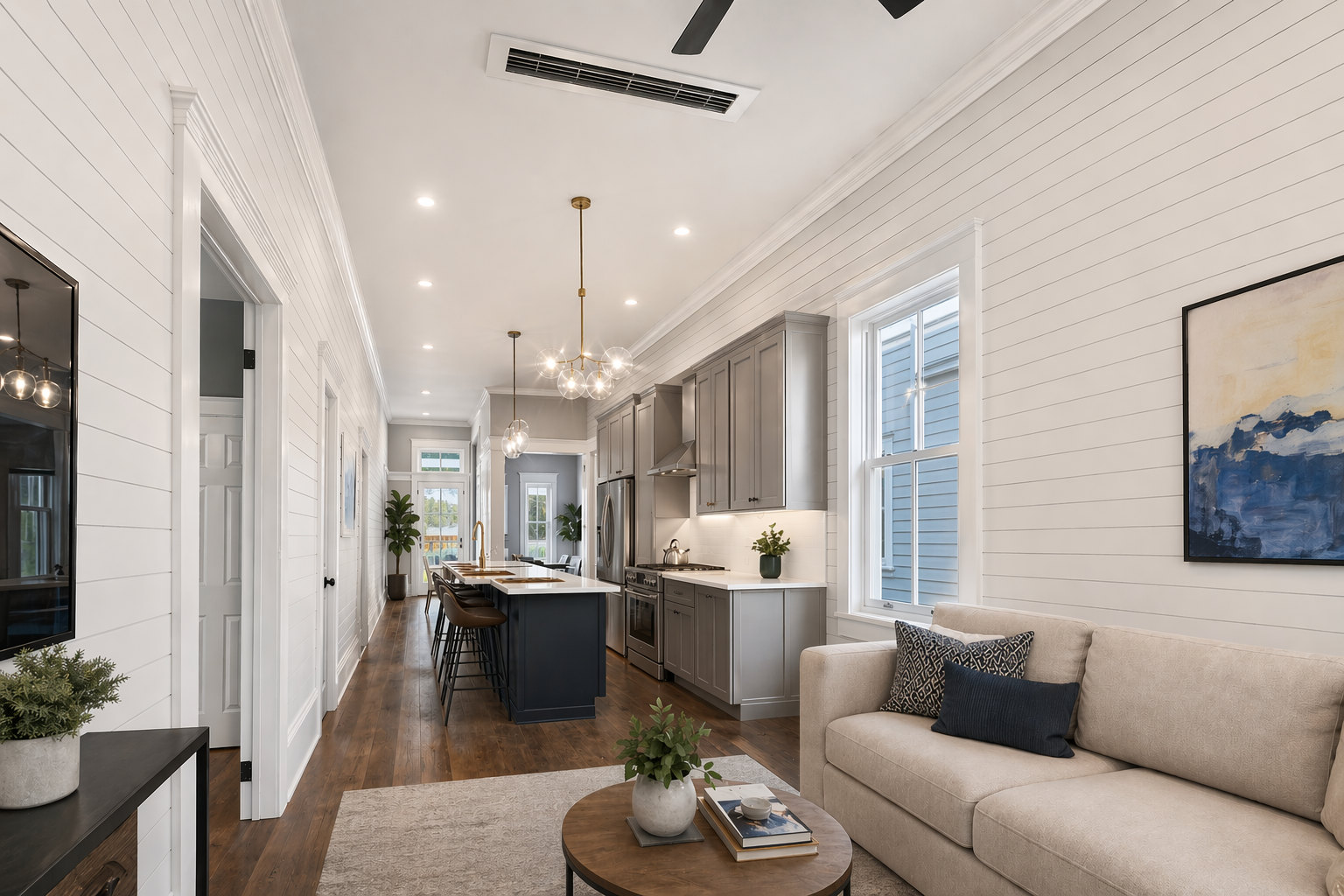 Interior of renovated shotgun house with modern AC vent