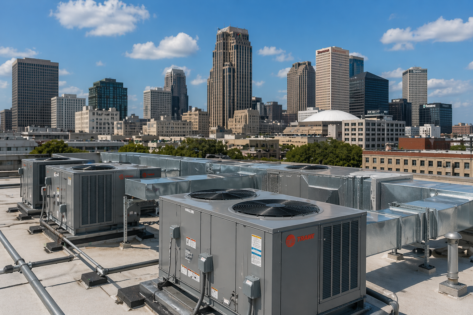 Commercial HVAC installation with New Orleans skyline