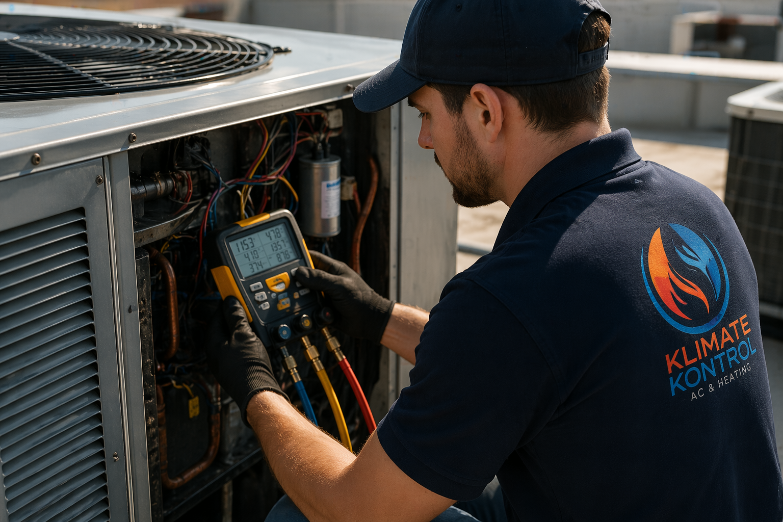 Technician performing seasonal maintenance on HVAC system