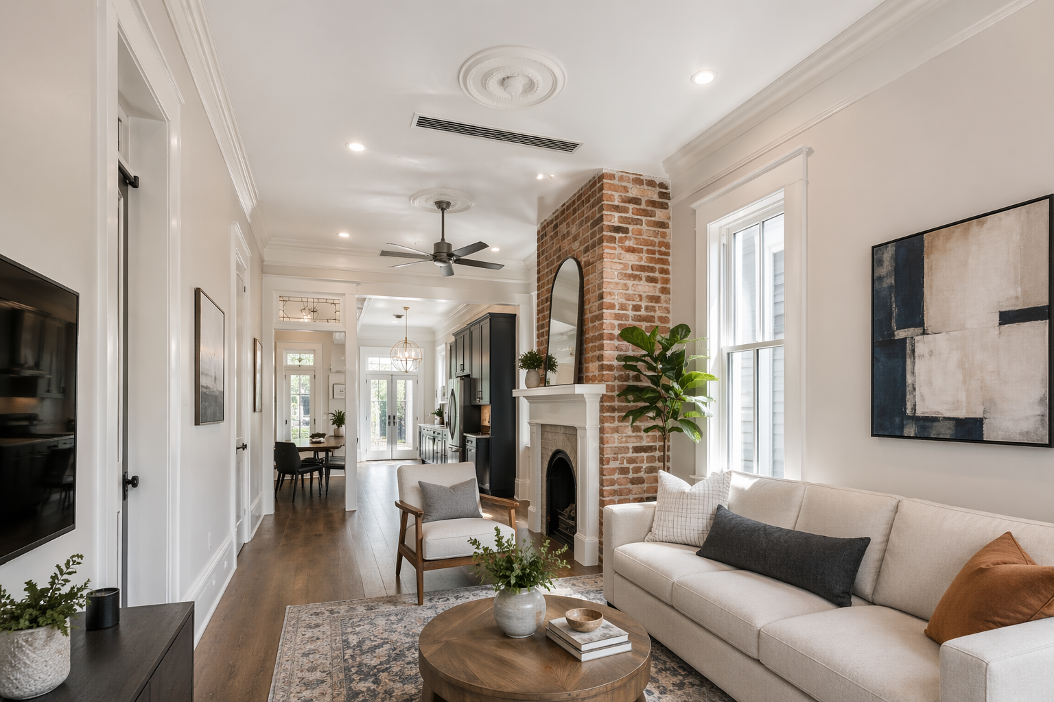 Renovated shotgun house interior with modern AC system